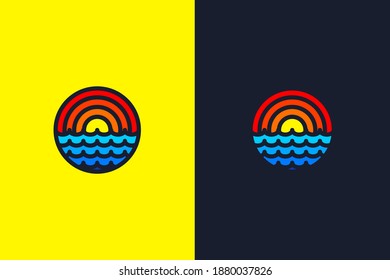 Sunset at sea Line art logo vector illustration 