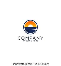 Sunset and sea logo design emblem vector circle modern and elegant style design template