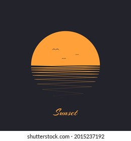 Sunset sea logo. Orange sun and sea. Minimal logo on dark black backround. Birds silhouette in front of rising sun. Holiday, travel summer concept