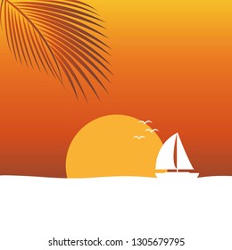 sunset at sea nature landscape with sailboat and palm leaf orange background vector illustration
