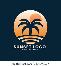 Sunset sea ocean beach logo design. palm tree logo design vector. wave logo design. leaf tree logo design
