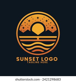 Sunset sea ocean beach logo design. palm tree logo design vector. wave logo design. leaf tree logo design