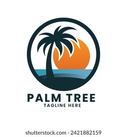 Sunset sea ocean beach logo design. palm tree logo design vector. wave logo design. leaf tree logo design
