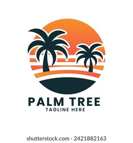 Diseño del logotipo de la playa del océano atardecer. vector de diseño del logotipo de la palmera. diseño del logotipo de ondas. diseño del logotipo de árbol de hoja
