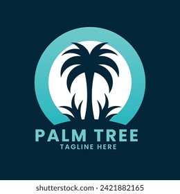 Diseño del logotipo de la playa del océano atardecer. vector de diseño del logotipo de la palmera. diseño del logotipo de ondas. diseño del logotipo de árbol de hoja
