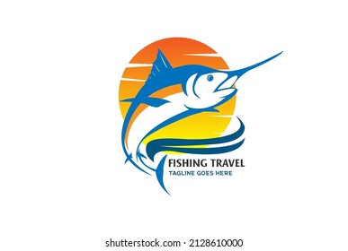 Sunset Sea Ocean with Jumping Tuna Marlin Sword Fish for Fishing Sport Travel Club Logo Design Vector
