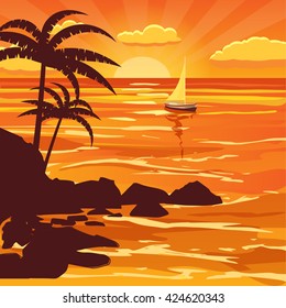 Sunset, sea, ocean, palm trees, illustration, vector