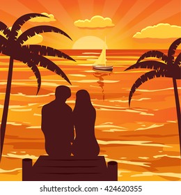 Sunset, sea, ocean, palm trees, illustration, vector