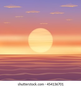 sunset at the sea and orange sky in flat icon design (vector)
