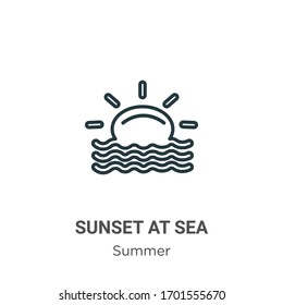 Sunset at sea outline vector icon. Thin line black sunset at sea icon, flat vector simple element illustration from editable summer concept isolated stroke on white background