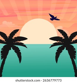Sunset with sea and palm trees background. Illustration vector