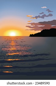 Sunset at sea, red clouds over the mountains, reflection in water, vector illustration