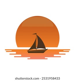 Sunset sea and sailboat. Orange sun, mariner sailing vector illustration