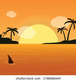 puesta de sol en el mar. tiburón, palmeras, vector.