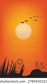 Sunset at sea with silhouette of birds in spring. vector illustration