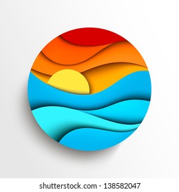 Sunset in the sea. Stylized vector icon illustration