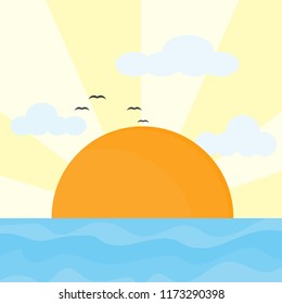 Sunset at the sea. The sun, the sea, birds, clouds. Flat design, vector.
