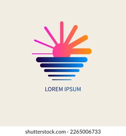 Sunset and sea with sun. Summer linear logo, travel vector illustration. Landscape creative concept. Vector illustration