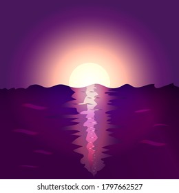 Sunset in the sea, sunrise in ocean. Nature landscape background with sunset and waves sticking up of water surface. Night view cartoon vector illustration. Sun falling in the sea. Purple ocean water