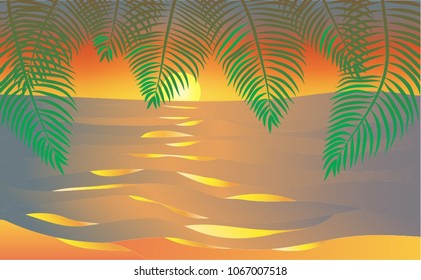 Sunset at the sea. Sunrise at the sea. Ocean. The sky and the sun. Palm trees on the beach. Warm countries. Travel, vacation. Vector illustration 2
