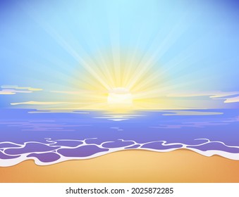 Ilustración del atardecer en el vector marino. El sol cae al océano. Reflexiones en el agua. Hermosas nubes. Cielo azul claro. Amanecer sin aliento. Ocio, turismo. Lujoso complejo. Olas al atardecer. Playa de arena.