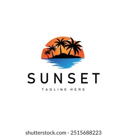 Sunset Sea View Beach Logo Design Summer Vacation Place