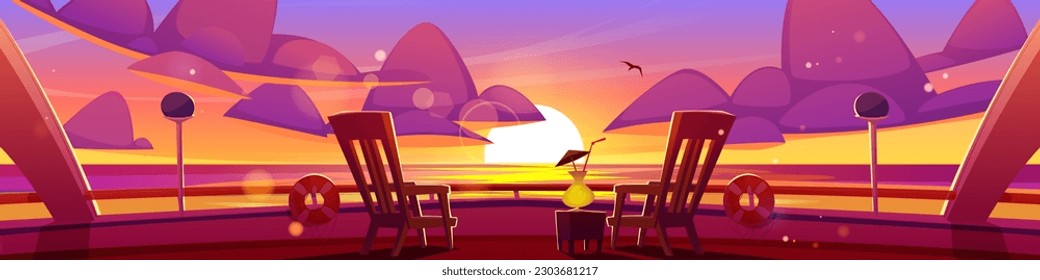 Sunset sea view from cruise ship deck vector cartoon background. Yacht railing with chair and cocktail on terrace in summer ocean under purple and orange evening sky. Luxury embankment to relax