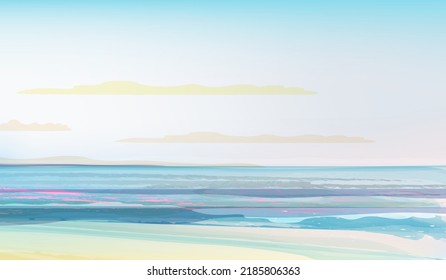 Sunset, sea view, minimalist background in calm blue colours . Vector illustration, concept for card, banner, poster, flyer, print.