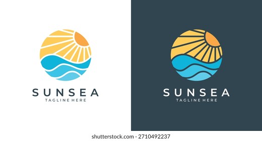 Puesta del sol y diseño de logotipo de la onda del mar