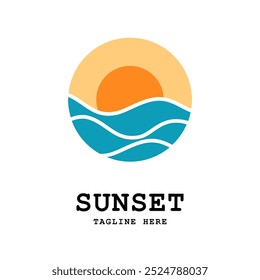 Puesta del sol con el icono del logotipo de la onda del mar. Sunset Sun wave Logo Plantilla. Ilustración vectorial