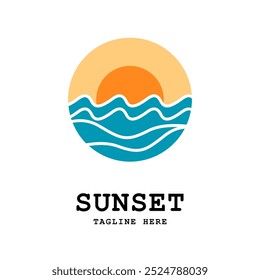 Pôr do sol com ícone de logotipo da onda do mar. Modelo de logotipo da onda do sol do pôr do sol. Ilustração vetorial