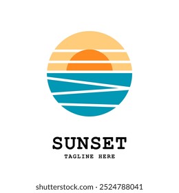 Pôr do sol com ícone de logotipo da onda do mar. Modelo de logotipo da onda do sol do pôr do sol. Ilustração vetorial