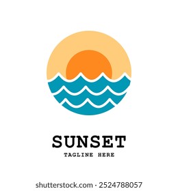Pôr do sol com ícone de logotipo da onda do mar. Modelo de logotipo da onda do sol do pôr do sol. Ilustração vetorial