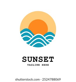 Sunset with sea wave logo icon. Sunset Sun wave Logo Template. Vector illustration