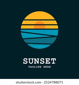 Sunset with sea wave logo icon. Sunset Sun wave Logo Template. Vector illustration