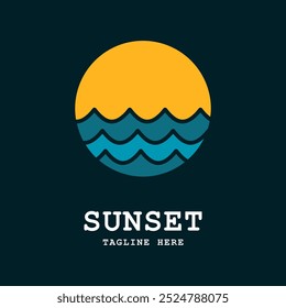 Sunset with sea wave logo icon. Sunset Sun wave Logo Template. Vector illustration