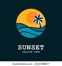 Sunset with sea wave logo icon. Sunset Sun wave Logo Template. Vector illustration