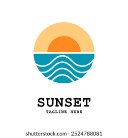 Pôr do sol com ícone de logotipo da onda do mar. Modelo de logotipo da onda do sol do pôr do sol. Ilustração vetorial