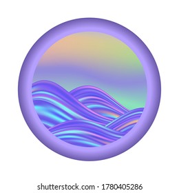 Sunset sea waves, holographic colorful emblem, rainbow pastel design. Logo for travel or tourism, vector illustration