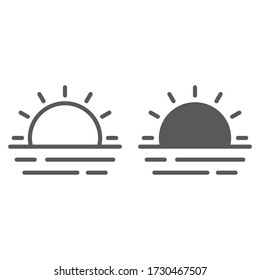 Línea de ondas de sol y mar e icono de glifo, verano y océano, gráficos vectoriales de signos de puesta de sol, un icono lineal sobre un fondo blanco, eps 10