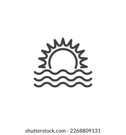 Sunset and sea waves line icon. Sunrise linear style sign for mobile concept and web design. Sun and ocean waves outline vector icon. Symbol, logo illustration. Vector graphics