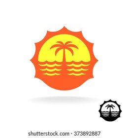 Sunset, sea waves and palm silhouette tropical island travel logo