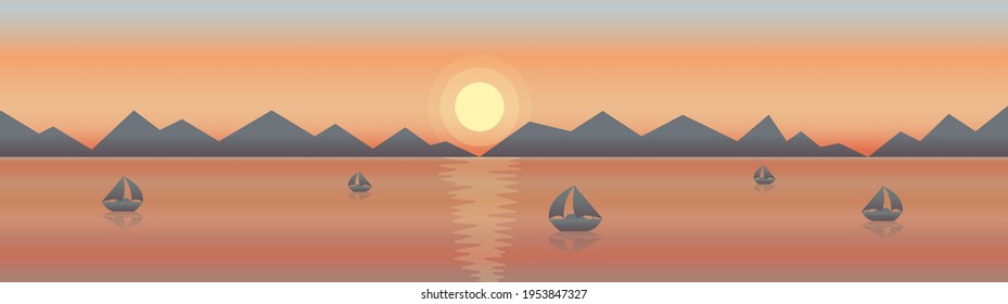 Sunset at sea with yachts. Vector banner. Yacht in the sea.Yachting. Sunset. Mountain landscape at sunset. Silhouette of yacht under sail at sunset. Vector illustration.
