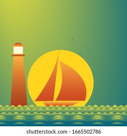 Sunset at sea with yachts. Sea voyage on the yacht.. Yachting. Vector Illustration