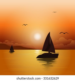  Sunset at sea with yachts.  Sea voyage on the yacht.. Yachting. Vector Illustration
