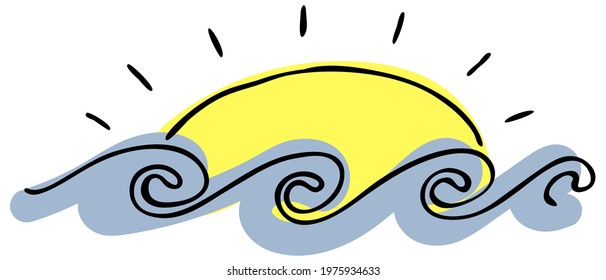 sunset at sea, yellow and blue, vector color doodle element with black outline