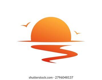 Sunset seascape icon orange sun, ocean reflection flying birds, minimalist nature landscape symbol peaceful horizon.