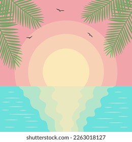 Sunset Seascape with palm leaves and seagulls. Paradise nature vacation. Cartoon landscape background.