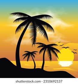 Sunset seascape with palm trees vector