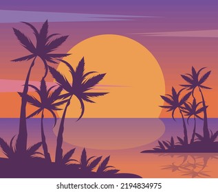sunset seascape with palms scene